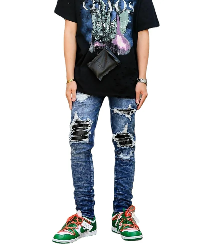 Men's PU Leather Patchwork Ripped Biker Jeans Patch Slim Skinny Stretch Denim Pants for Men