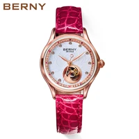 berny mechanical watch for women luxury 18k gold ladies clock sapphire glass 72 diamond 5atm skeleton design automatic watch