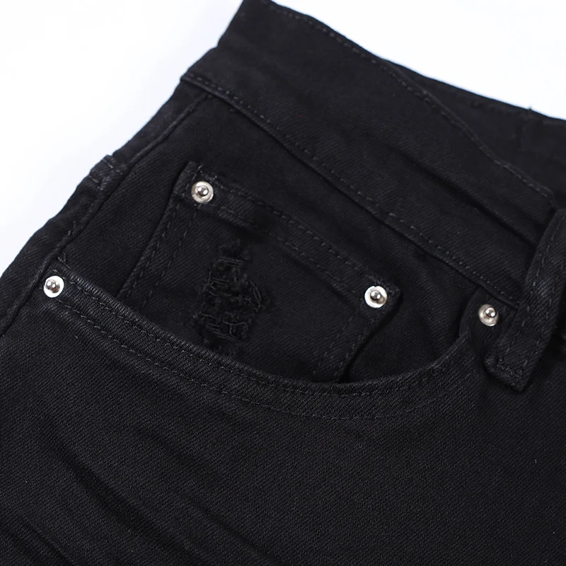 Street Fashion Men Jeans Buttons Fly Black Elastic Stretch Skinny Ripped Jeans Men Leather Patched Designer Hip Hop Brand Pants