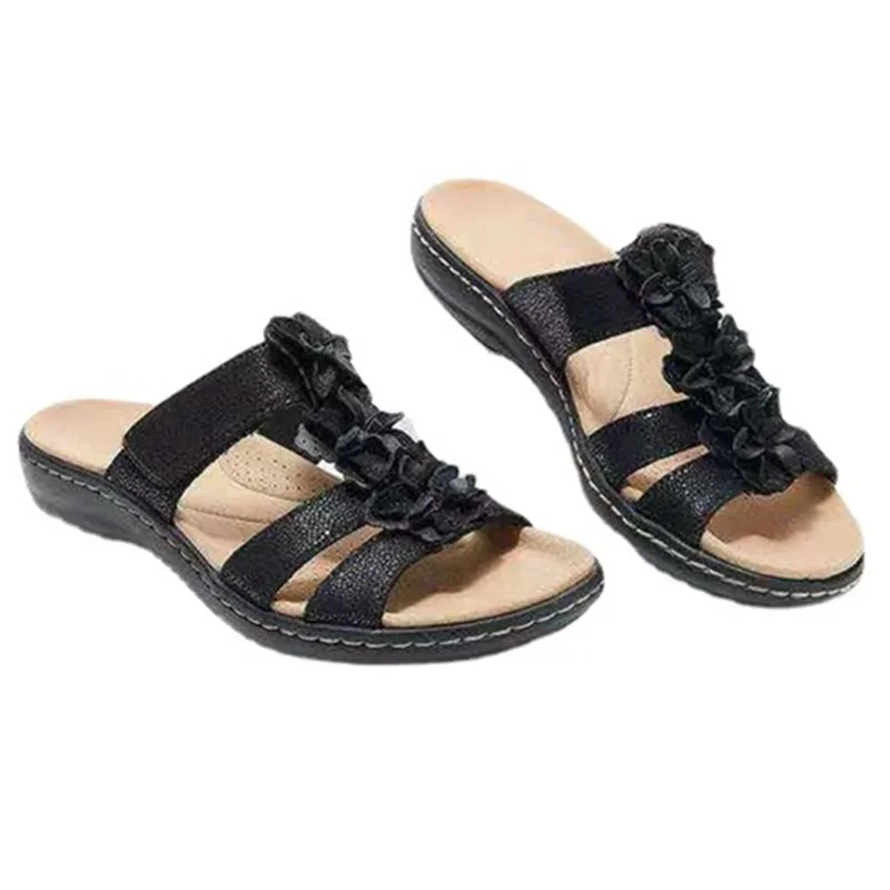 

Women sneaker slippers Summer 2022Size 43 Hollow One-word Slippers Women's Casual Leather Wedge Sandals Flowers Beach Slippers