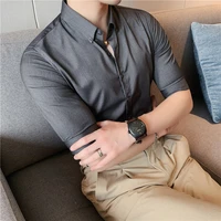 2022 solid color men business shirts summer half sleeve casual shirt slim social office formal dress shirts party tuxedo blouse