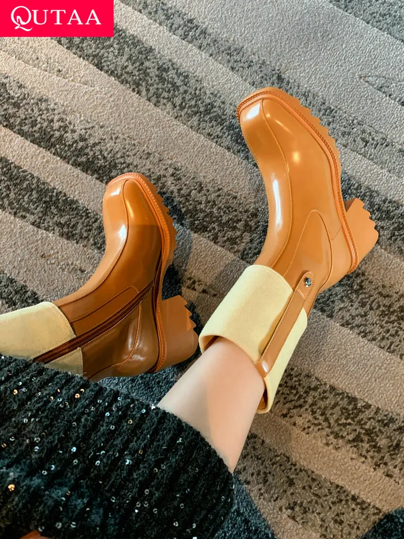 

QUTAA 2023 Classic Zipper Mid Calf Boots For Women Autumn Winter Genuine Leather Shoes Woman Office Lady Retro Winter Size 34-39