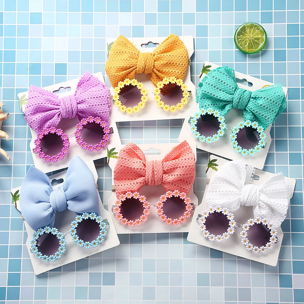 

2Pcs/Set Daisy Flower Sunglasses with Elastic Nylon Baby Headband Bohemia Beach Seaside Sun Glasses Kids Puff Bow Headwear