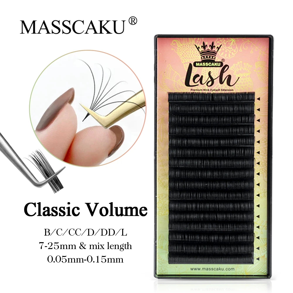 

MASSCAKU 16 Rows C/D Curl Classic Individual Premium Matte Black Eyelash Extension Professional Faux Mink Cilia Volume Maquiagem