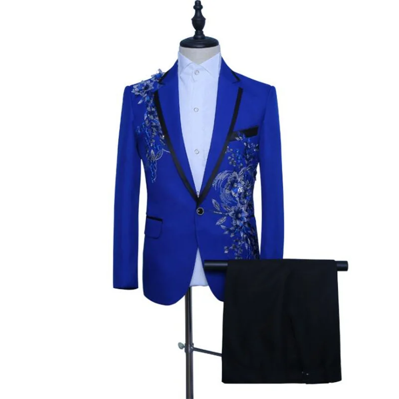 

Blue blazer men slim fit suits set with pants sequin applique mens wedding suits singer star style stage clothing formal dress
