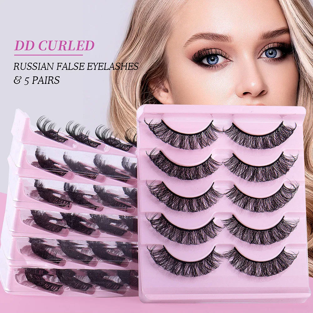 

5Pairs Curly False Eyelashes Short Russian Strip Wispy Lashes Extension Beauty Makeup Dense Curly Black Natural Fake Lashes
