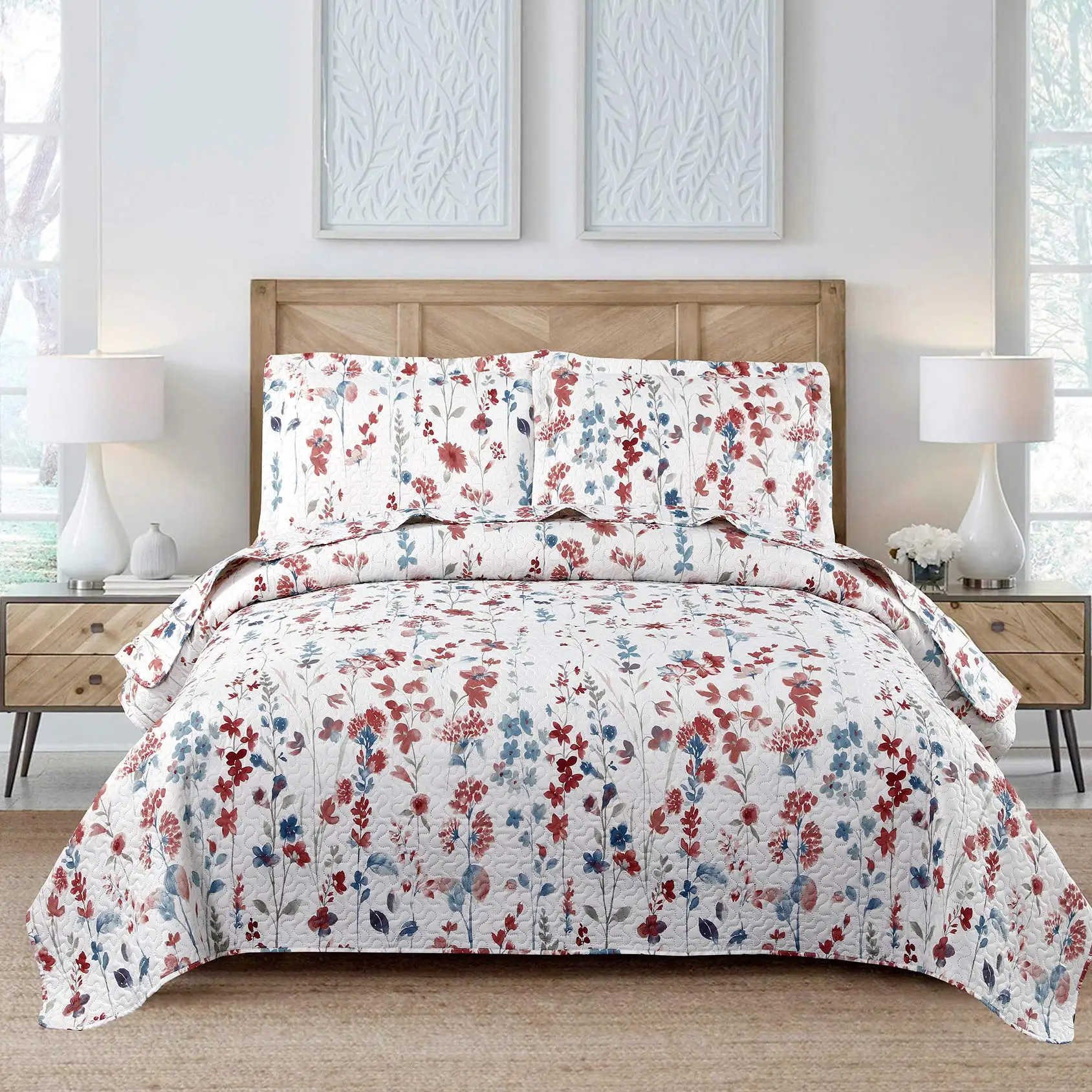 

Lilac Quilt Bedspread Queen/Full Size Coverlet Set Red White Lilac Flower Lightweight Summer Quilts Floral Daybed Cover