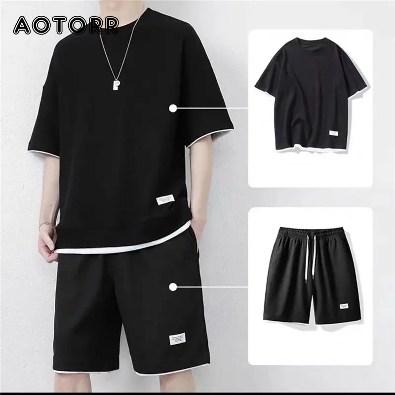 

Мужской спортивный костюм, Повседневная футболка с коротким рукавом и шорты, комплект из 2 предметов, уличный спортивный костюм в стиле Харадзюку, новинка 2023
