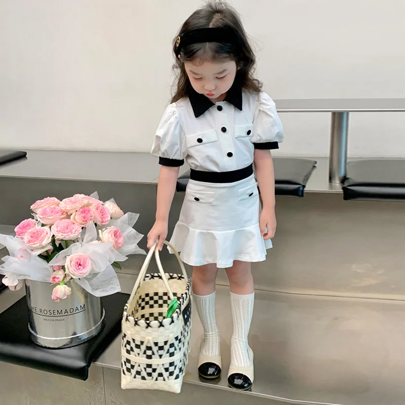 

Летние костюмы для девочек из 2 предметов, Детская куртка + юбка, Детские Брендовые костюмы, модная женская одежда с коротким рукавом и карманами