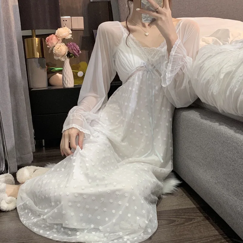 Lace Hollow Out Nightgown With Breast Pads Women Sleep Dress Summer Perspective Nightwear Kimono Dressing Gown Lounge Wear
