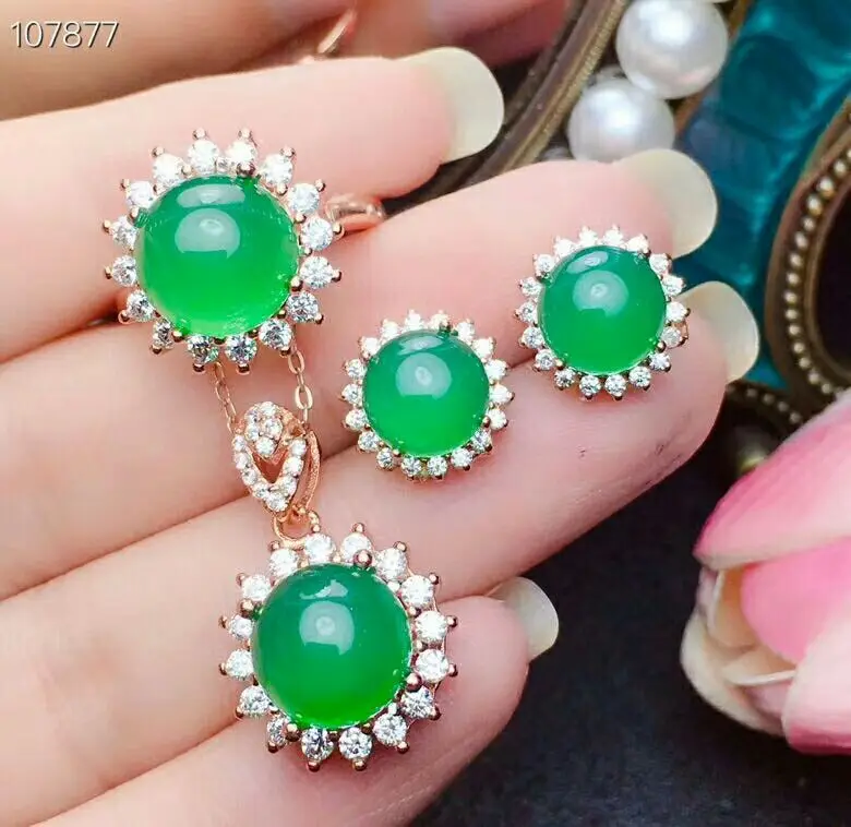 

MeiBaPJ Natural Chalcedony Gemstone Earrings Ring Necklace for Women Real 925 Sterling Silver Green Stone Wedding Jewelry Set