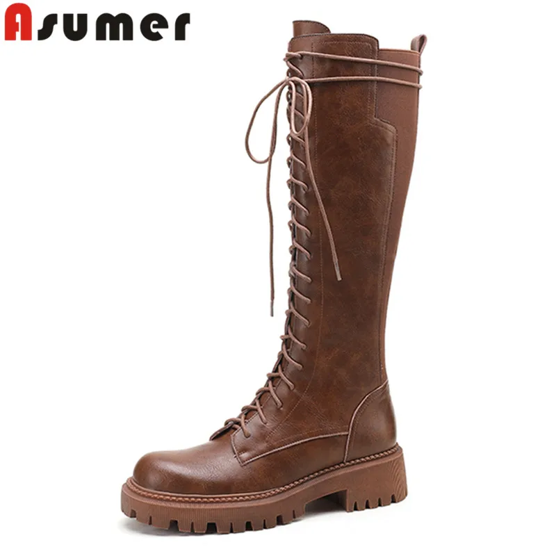 

ASUMER 2023 New Winter Genuine Leather Women Boots Cross Tied Ladies Knee High Boots Zipper Thick Med Heels Platform Shoes