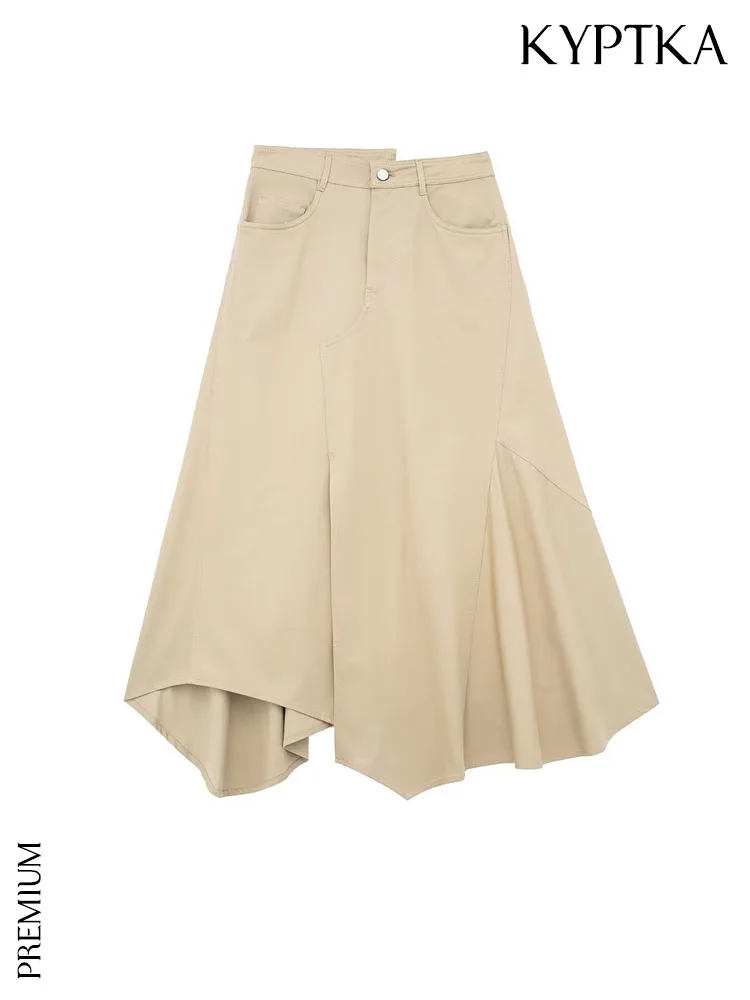 

KYPTKA Women Fashion Front Pockets Asymmetric Midi Skirt Vintage High Waist Zipper Fly Female Skirts Mujer