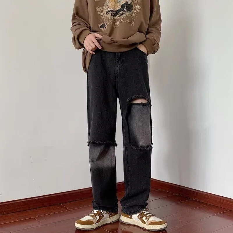 

Summer Ripped Black Jeans Men Fashion Retro Straight Jeans Men Japanese Streetwear Hip Hop Loose Hole Denim Pants Mens Trousers