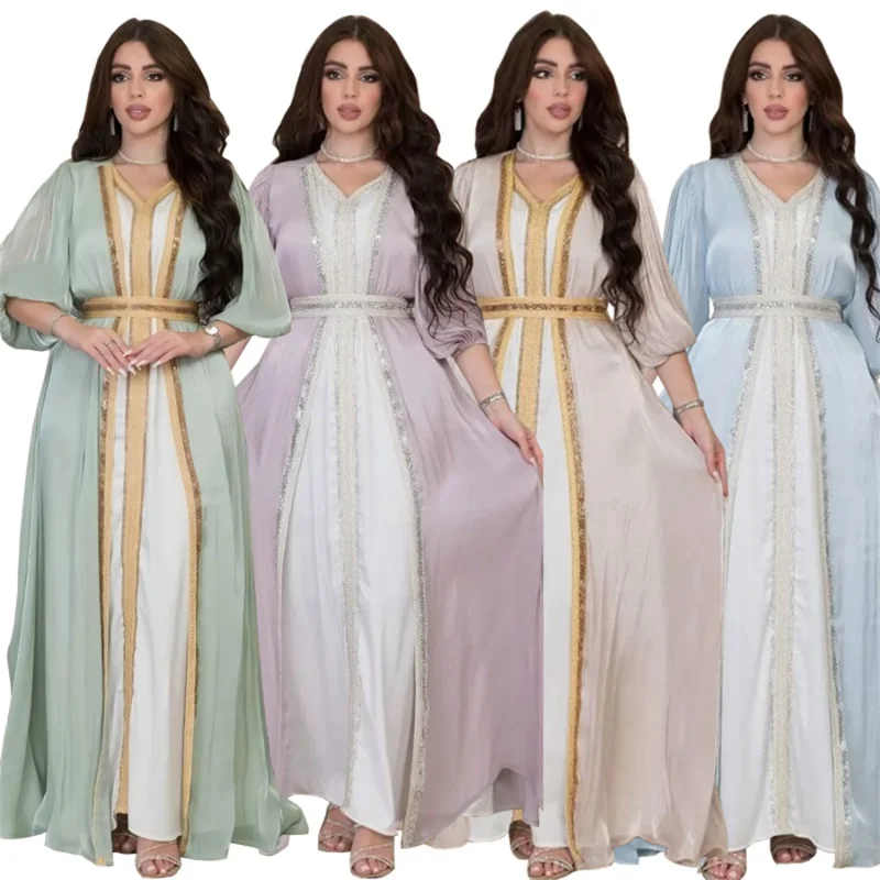 Dubai Abaya Luxury For Muslim Women Diamonds V-Neck Lace Tape Belted Kaftan 2pcs Modest Fashion Long Dresses Ramadan Clothes