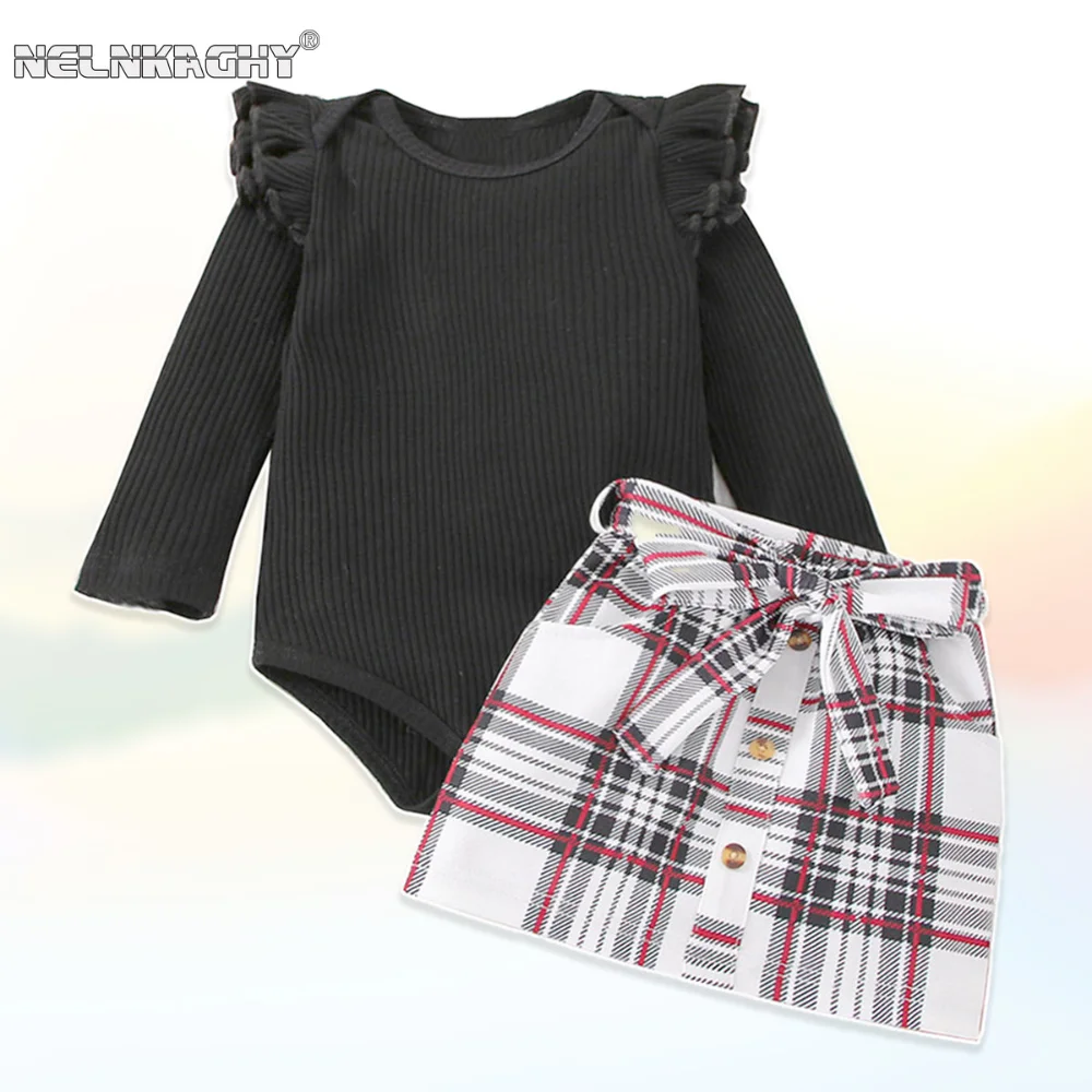

2023 New In Spring Infant Baby Girls Full Sleeve Ruched Solid Color Outwear Bodysuits + Plaid Belt Skirts Kids Clothing Set 2pcs