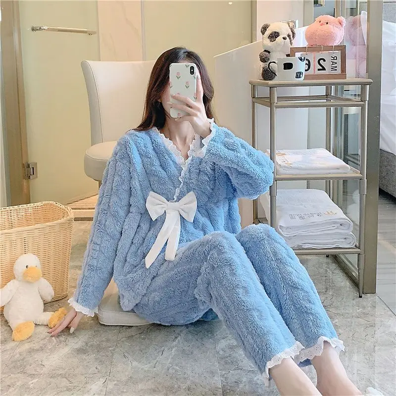 Women's Pajamas Autumn And Winter Thickened Fashionable Lapel Pajamas Suit Long Sleeve Cardigan Suit Plus Size Home Clothes