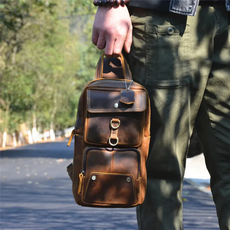 Vintage crazy horse cowhide men's chest bag outdoor daily sports genuine leather multi-pocket teens brown shoulder crossbody bag