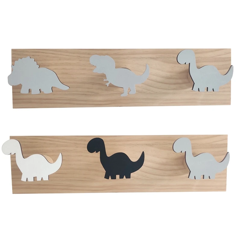 

2Pcs Kids Dinosaur Wall Mounted Bag Hooks Rack Coat Hooks Wooden Door Hanger For Boys Bedroom Playroom Decorations