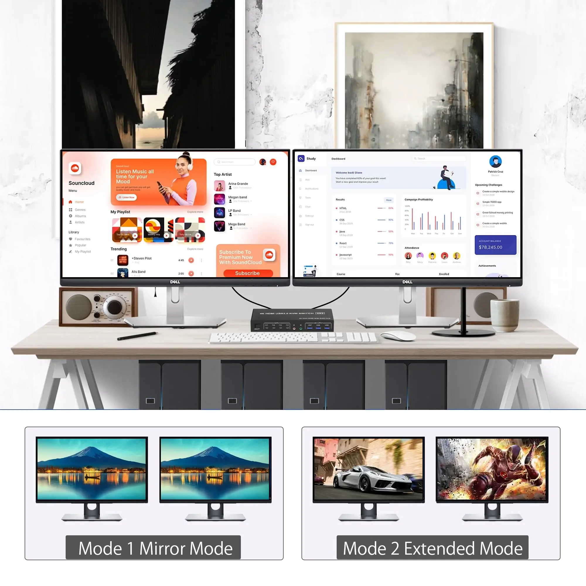 Фото 4K USB 3.0 KVM-переключатель HDMI Двойные мониторы 4 компьютера 2 монитора, 4-портовый KVM-переключатель HDMI Вход поддерживает эмуляторы EDID со звуком №4