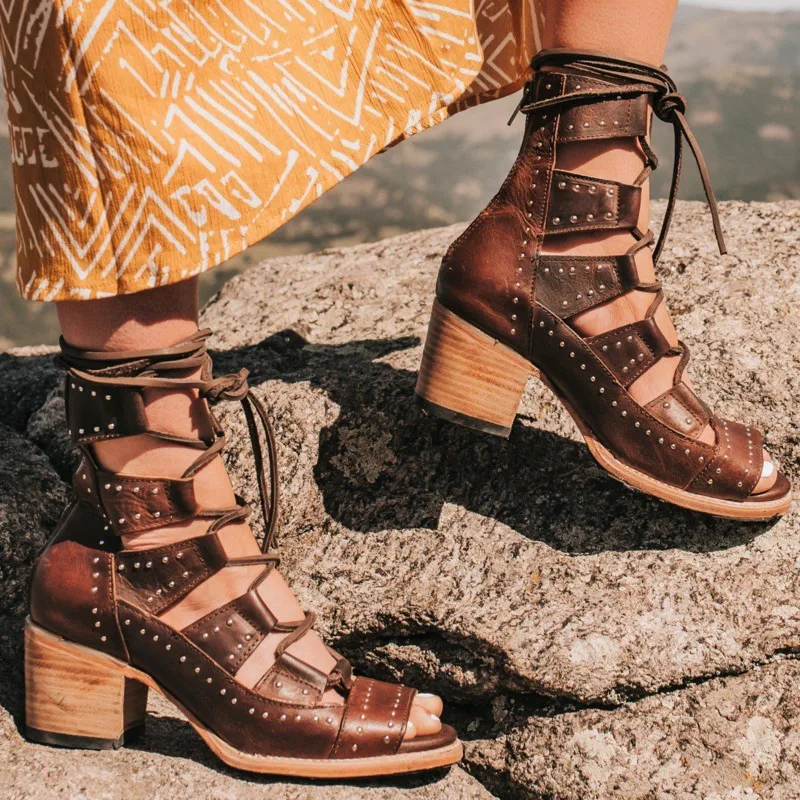 

2022 Summer Corss Tied Roman Sandals Casual Shoes For Women Fashion Ankle Strap Chunky Heels Open Toe Sandals