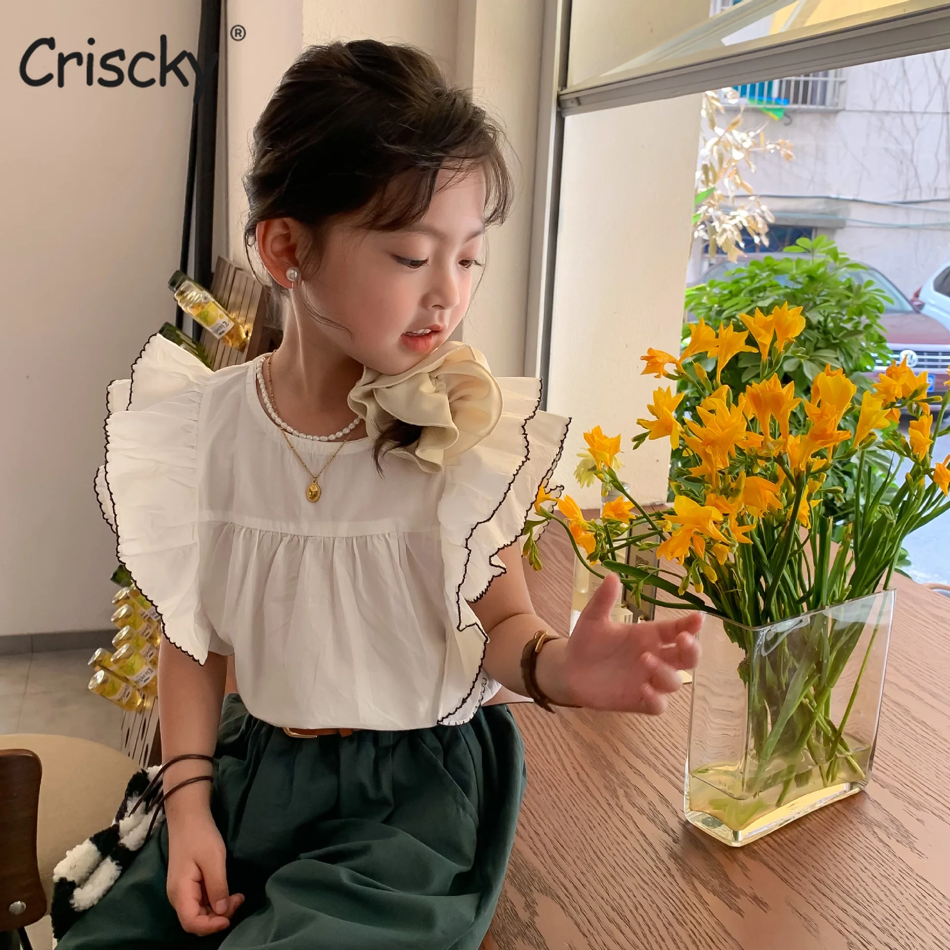 

Criscky 2022 Summer Girls Blouse Soft Breathable Petal Sleeve Kids Shirts for Girls Cotton Korean Clothes Children Shirts