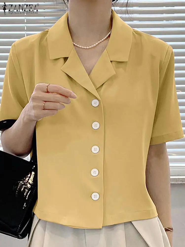 

Женские повседневные топы ZANZEA Hoilday OL, короткие рубашки, модная рубашка с английским воротником, Однотонная рубашка с коротким рукавом, летняя блузка на пуговицах 2023