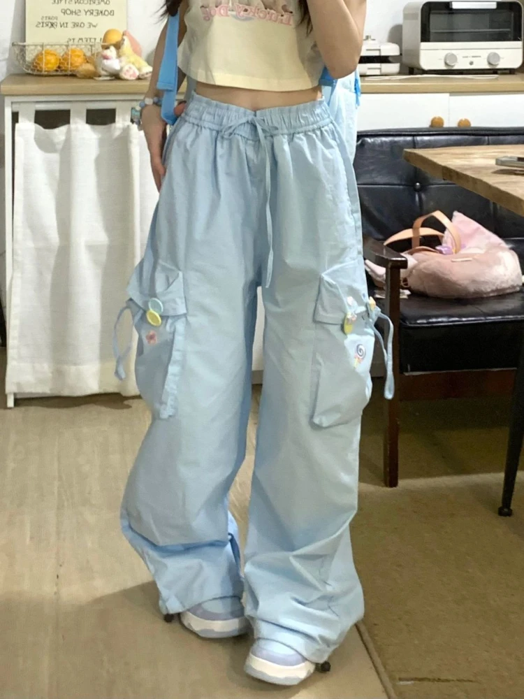 

Deeptown Kawaii Cute Blue Cargo Parachute Pants Women Y2k Korean Style Wide Leg Baggy Trousers Harajuku Kpop Oversize Sweatpants