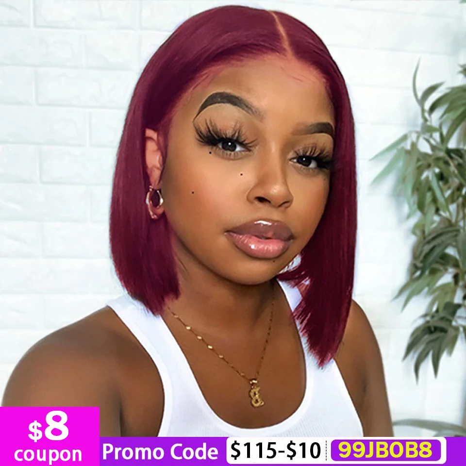 Burgundy 99J Short Bob Lace Front Human Hair Wigs Brazilian Remy Hair Lace Frontal Wigs 150% Burgundy Bob Bone Straight Wig