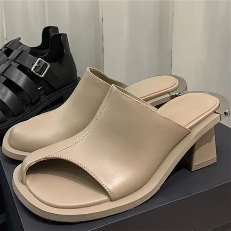 

New Thick-Heeled Leaking Toe Metal Half-Slippers Women's Summer Outer Wear Lazy Muller Shoes Casual Comfortable Female Footwear