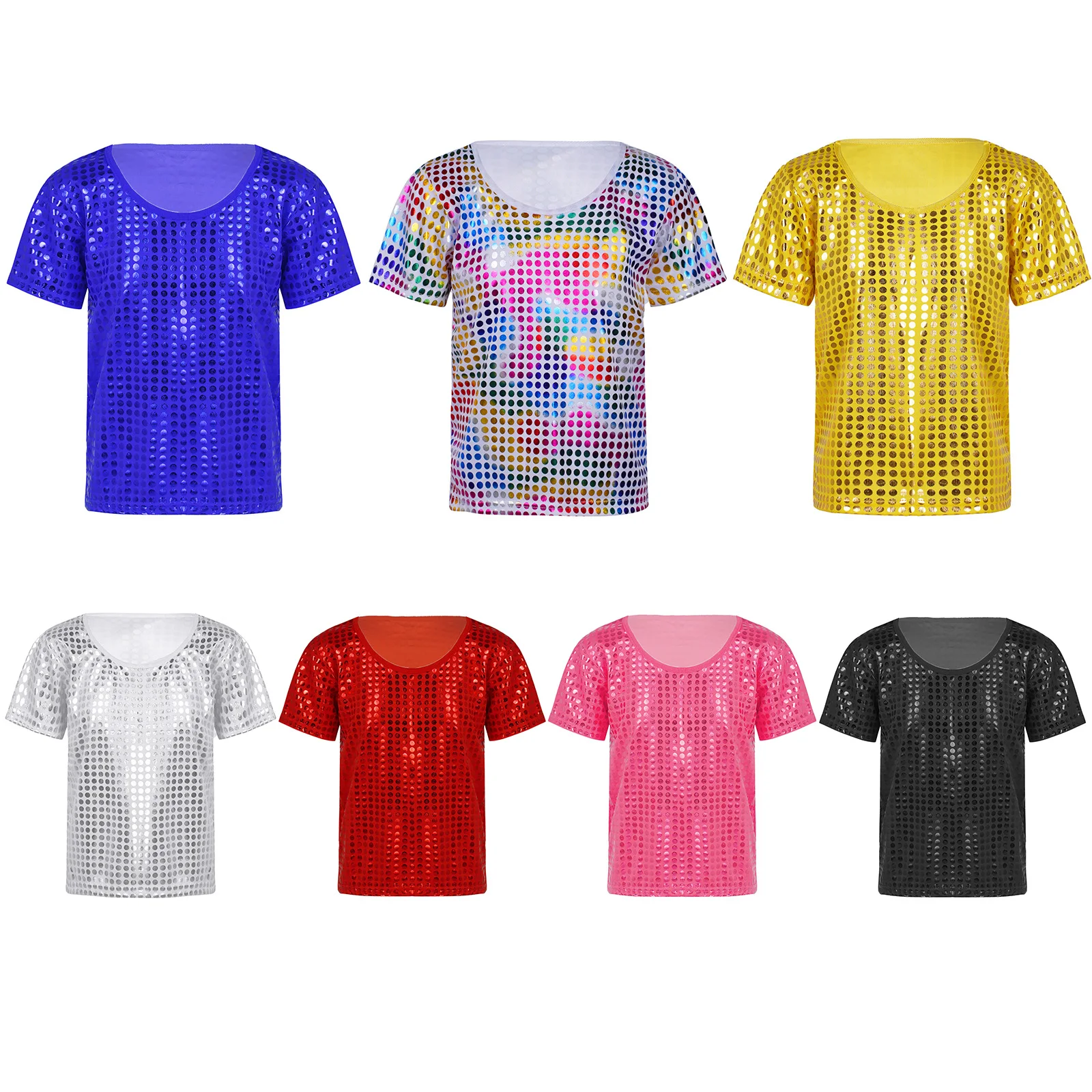 Sparkly Sequins Chorus Show Dance Top for Girls Boys Metallic Short Sleeve Loose Tee Shirt Blouse Jazz Hip Hop T-Shirt Dancewear images - 6