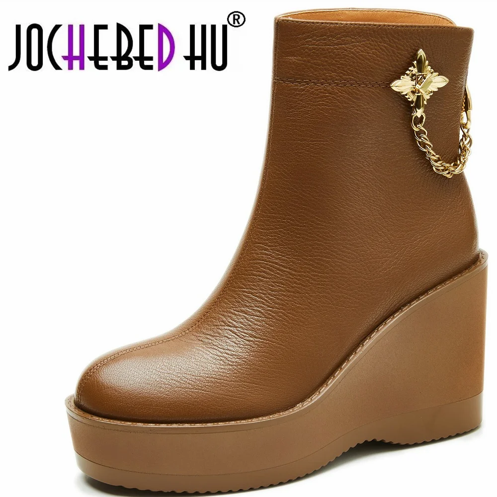 

【JOCHEBED HU】Autumn Winter Fashion Women's Round toe Wedges Zipper Elegant Genuine leather Ladies Ankle boots
