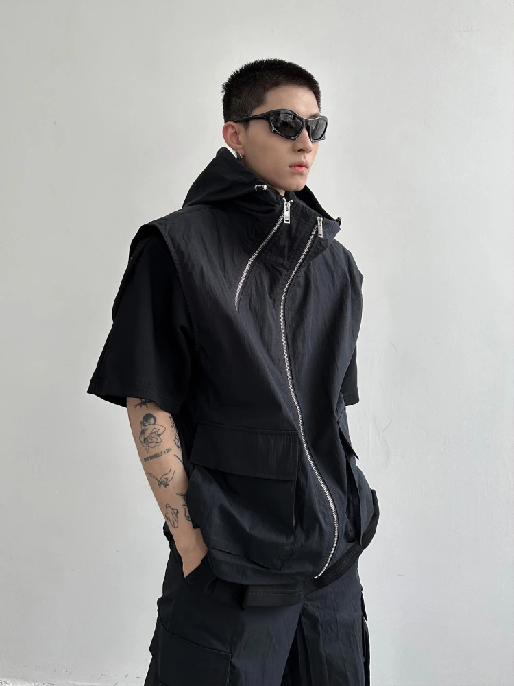 Summer Cargo Pants Set Men Hooded Vest Double Zipper Sleeveless Tops Japan Streetwear Hip Hop Korean Plus Size Long Pants Suit