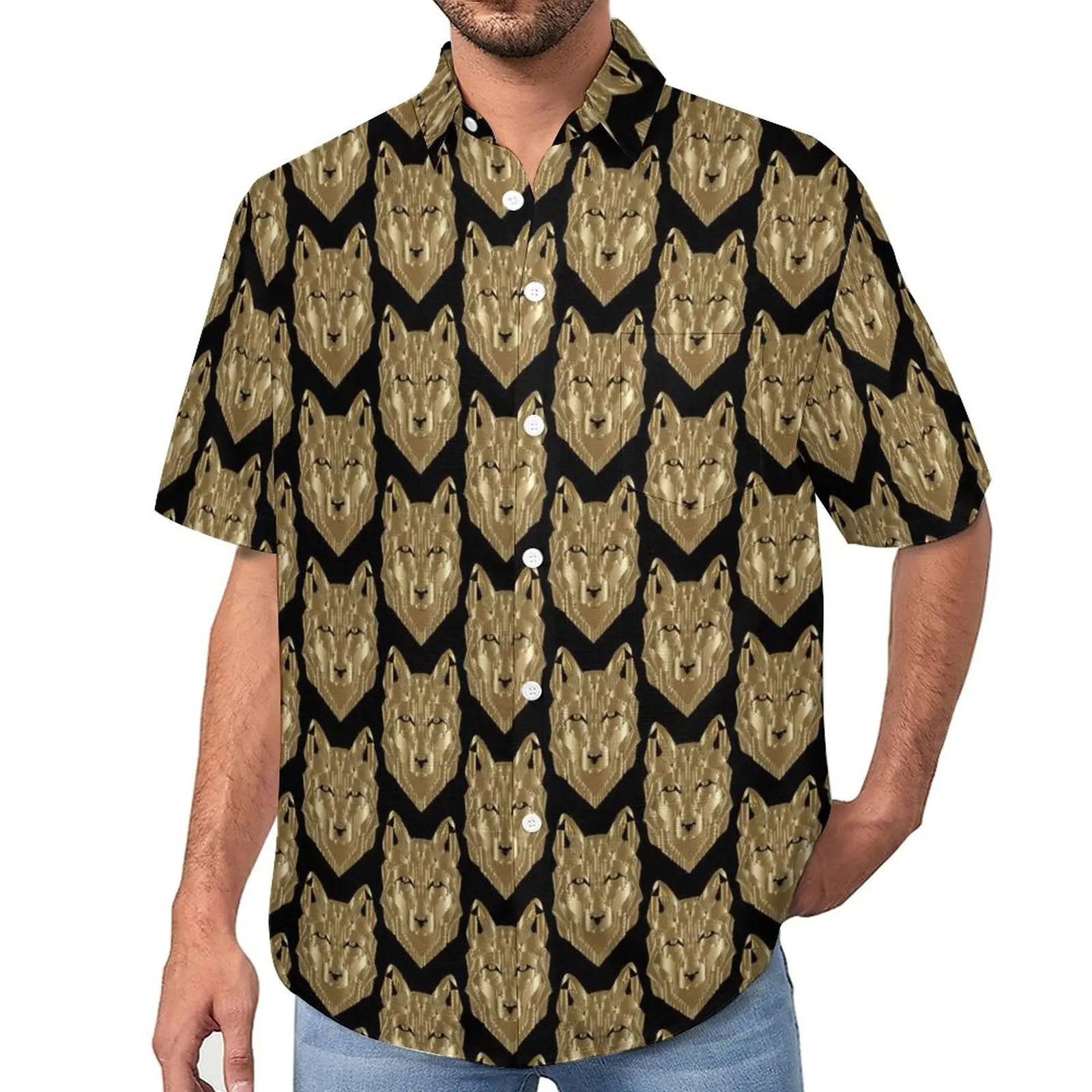 

Пляжная рубашка с принтом золотого волка, забавные Гавайские повседневные рубашки с животными, мужские эстетические блузки, топы с принтом с коротким рукавом