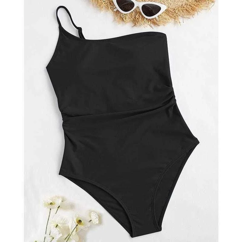 

Solid Color One Shoulder Girls Swimwear Piece Swimming Suit Pass Fashion Medium