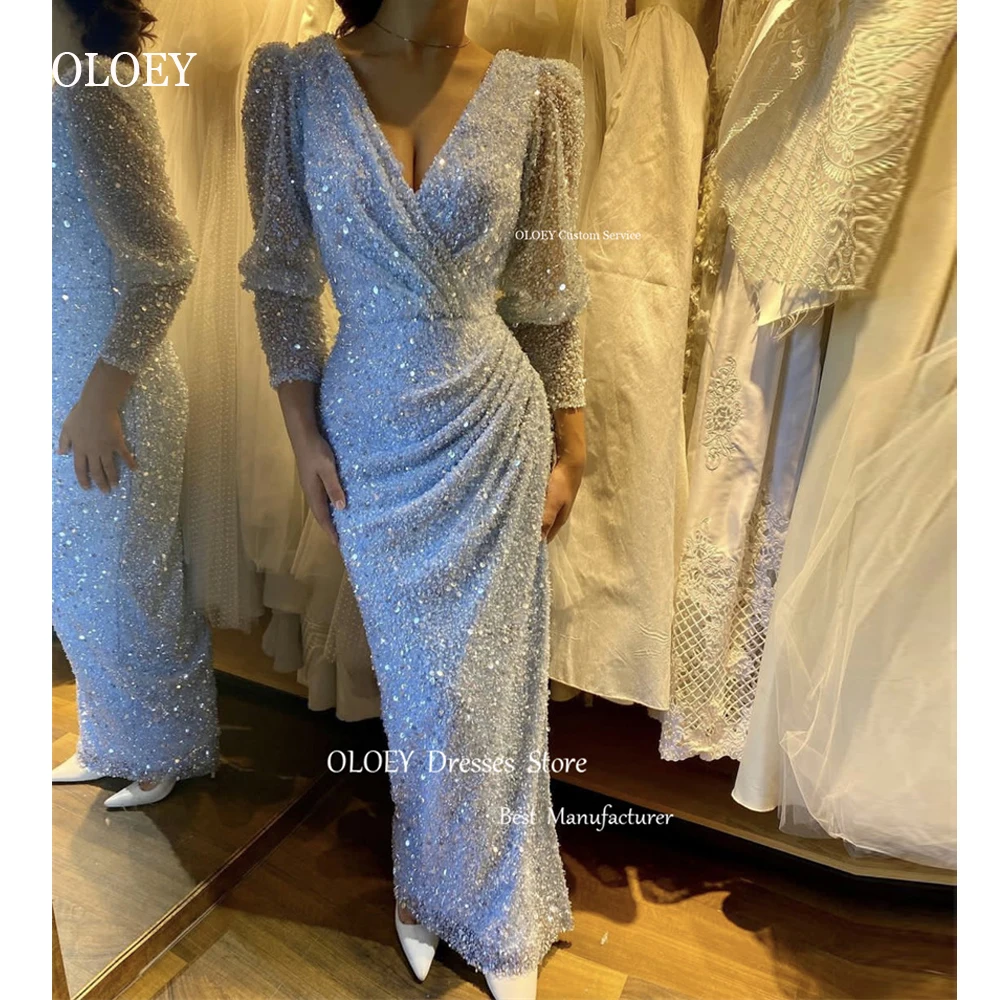 

OLOEY Modest Glitter Dubai Arabic Women Evening Drewsses Long Sleeves V Neck Formal Occasion Gowns Prom Event Dress Outfit