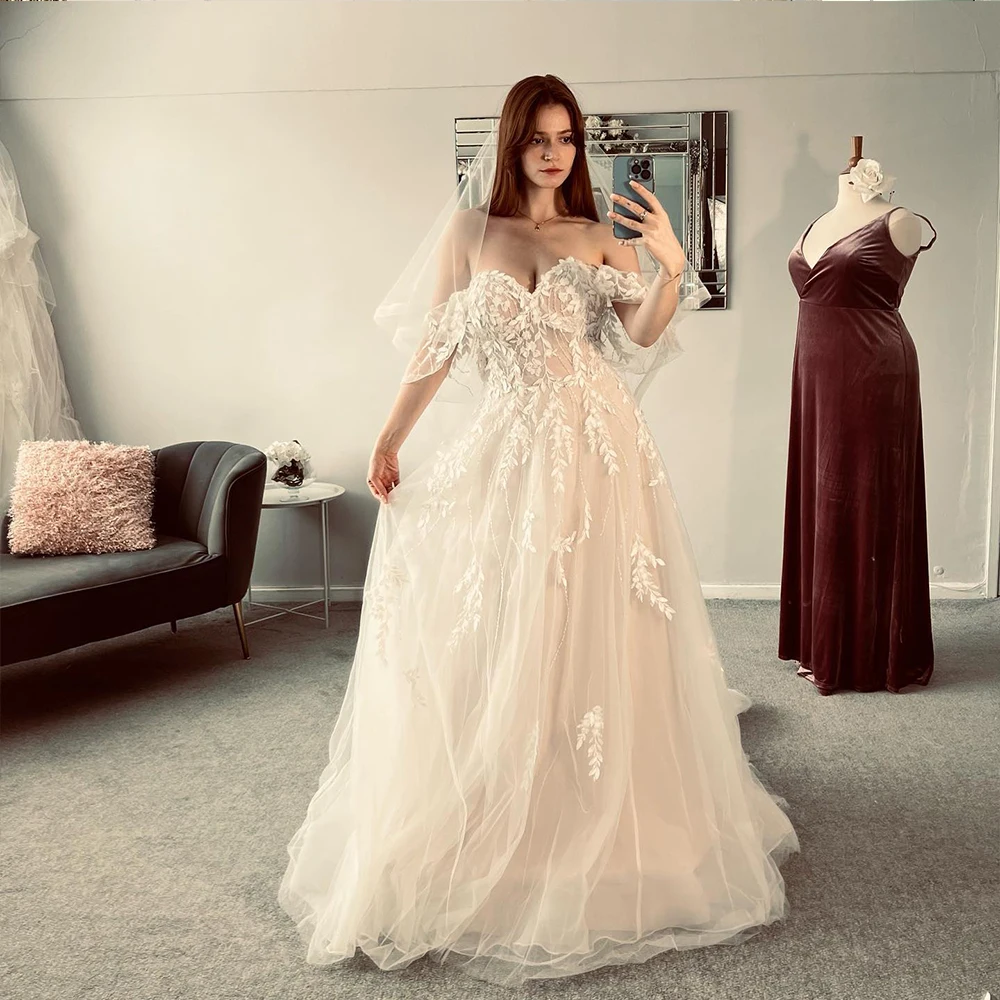 

Pastrol Wedding Dresses Sweetheart Off The Shoulder Lace Applique Bride Gowns Lace Up Backless A-Line Tulle Vestido De Noiva