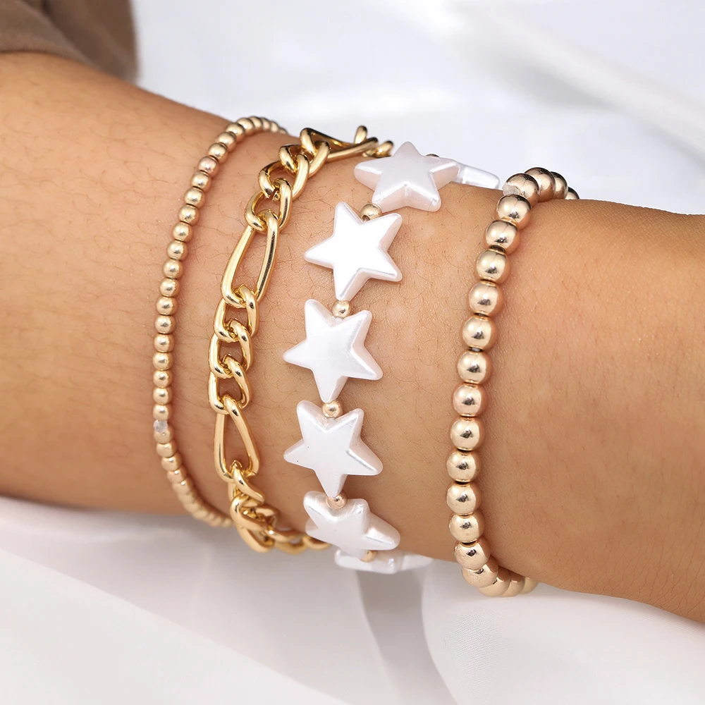 

Fashion Punk Bracelets & Bangles For Women Girls Star Pearl Chain Bracelets Set Boho Gold Color Charm Jewelry Accessories Gifts