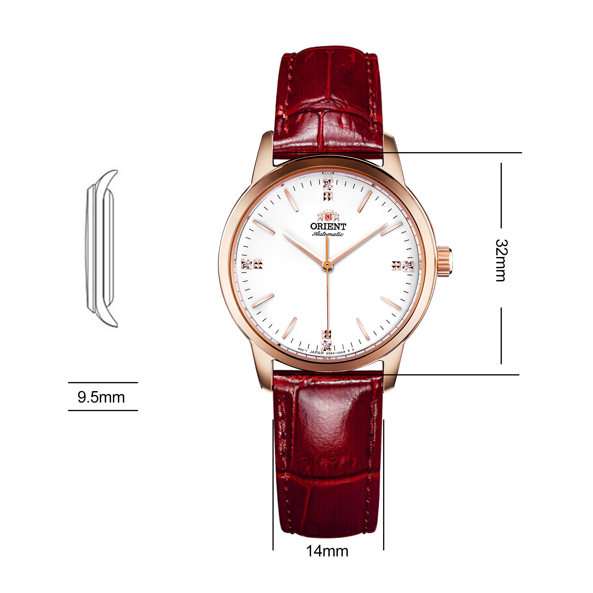 Original Orient Mechanical Watch for Women, Lady Rose Gold See-through Case Back Crystal-Encrusted Markers Red Leather Strap enlarge