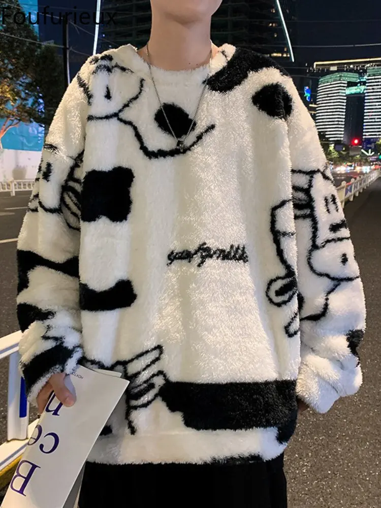

Foufurieux Velvet Thick Hoodie Men Warm Fashion Solid Casual O Neck Sweatshirt Men Streetwear Hip Hop Loose Pullover Hoodie