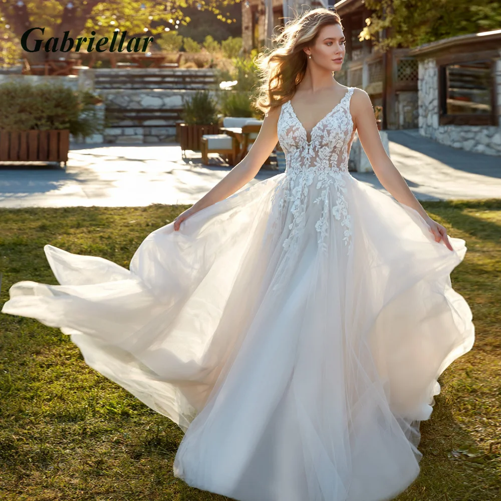 

Gabriellar Gorgeous A-line Wedding Dresses For Brides V-neck Appliques Zipper Wedding Gown Vestido De Noiva Customer Made