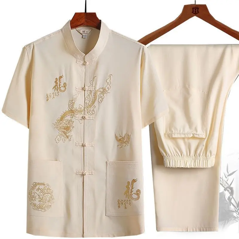 

Summer Tang Suit Men's Chinese Style Hanfu Top Traditional Shirt Kung Fu Martial Arts Trousers Short Fashion Grandpa Middle-aged