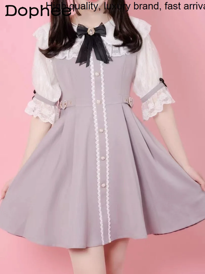 Japanese Sweet Rolita Elegant Lace Doll Collar Puff Short Sleeve Color Matching Midi Dress Women Spring Summer Vestdios