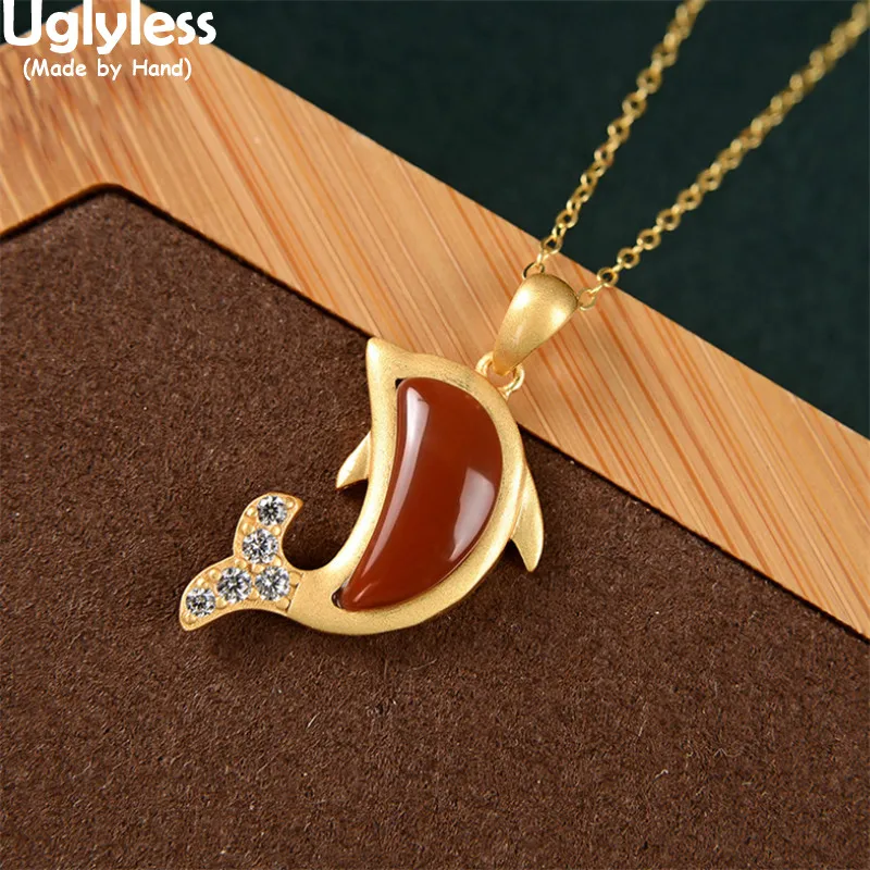 Uglyless Protect Ocean Jumping Dolphin Jewelry Sets Women Moon Shaped Agate Jadeite Pendants No Chains 925 Silver Studs Earrings