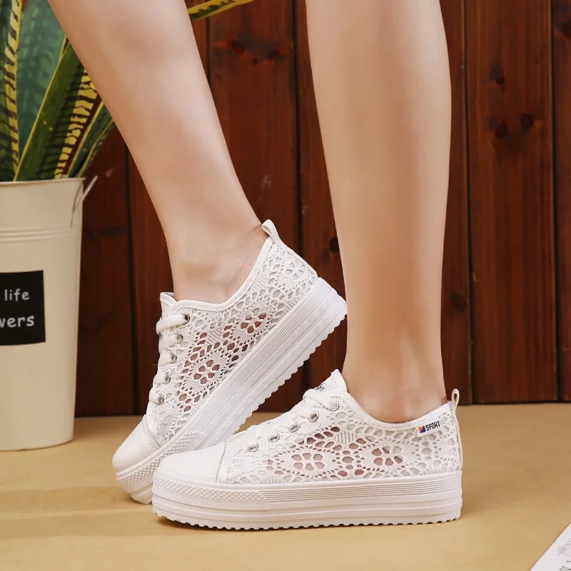 

Women Shoes Fashion Summer Casual Shoes White Sneakers Cutouts Lace Canvas Hollow Breathable Platform Sneakers Tenis Femininose
