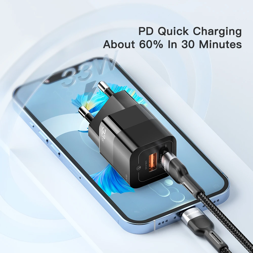 Essager 33W GaN USB Charger Fast Charger PD QC 3.0 USB C Charger Quick Charger For iPhone14 13 12 Laptop Portable Travel Charger