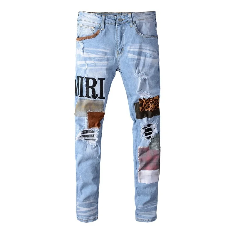 

New 2022 Amir men's High street tide brand light blue embroidery leopard patch elastic slim fit hole jeans vintage Moto Jeans