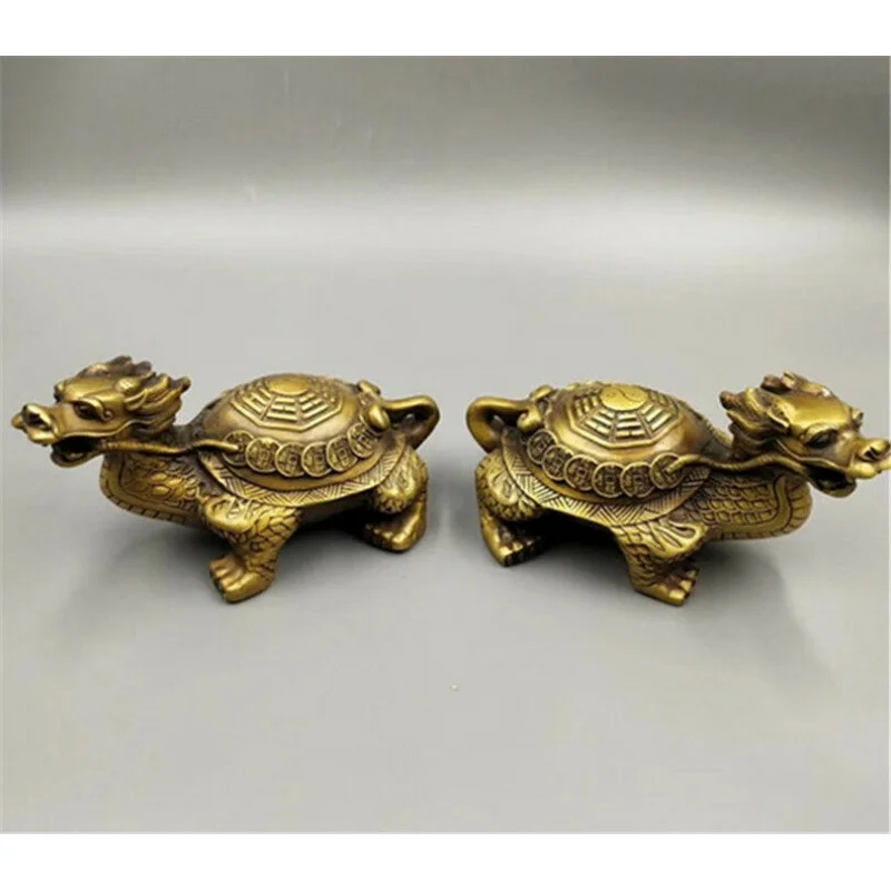 1 Double Chinese Bronze Animal Dragon Turtle Eight Charts Tortoise Wealth Statue