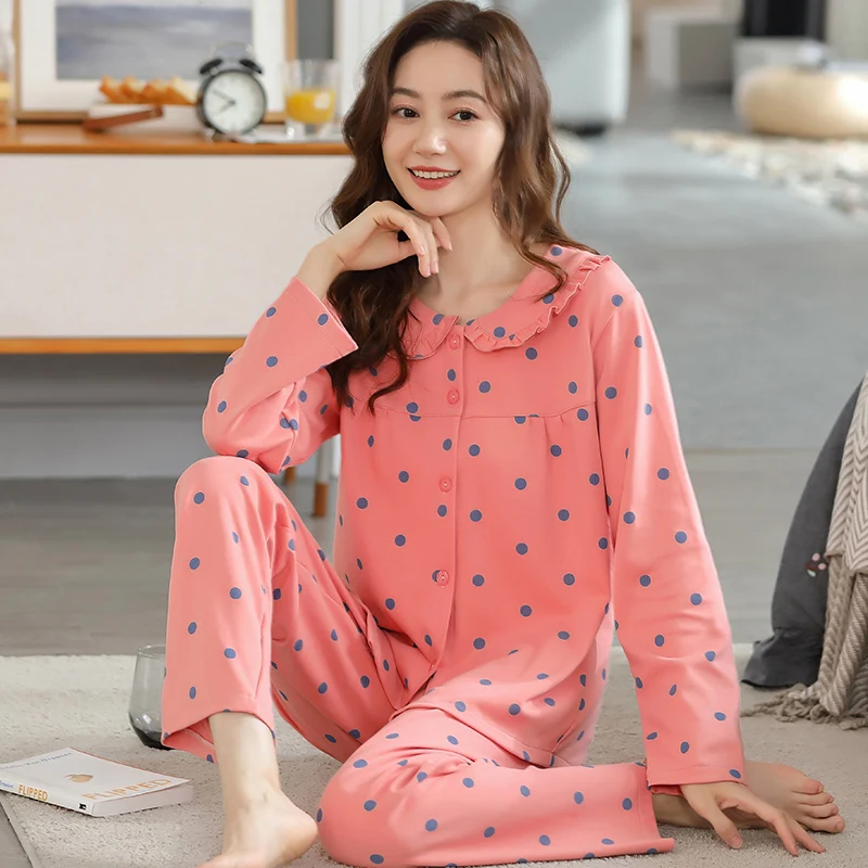 

Spring Autumn Pajama Sets Women Polka Dot Nightwear Soft Cotton 2 Pieces/set O-Neck Cardigan Leisure Outerwear Pyjamas Female