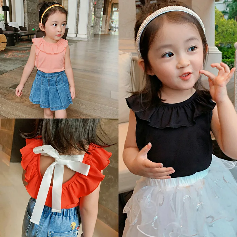 

Girls Vest Ribbon Flying Sleeves Backless Bottoming Shirt Kids Top Summer Wear New Casual Children'S Clothing